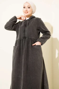 Hooded Half-Zip Denim Dress wholesale dress view 2 - Hicabistan Turkey factory