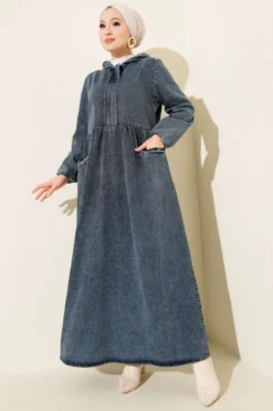 Hooded Half-Zip Denim Dress Blue