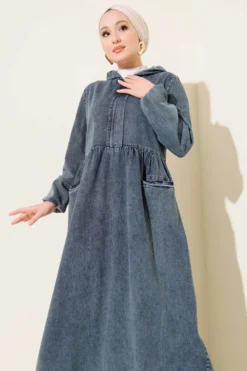 Alternative view of Hooded Half-Zip Denim Dress Blue