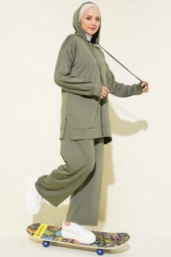 Hooded Low Shoulder Lounge Set Khaki