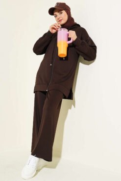 Hooded Low Shoulder Lounge Set Brown