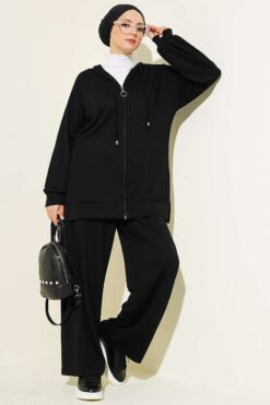 Hooded Low Shoulder Lounge Set Black