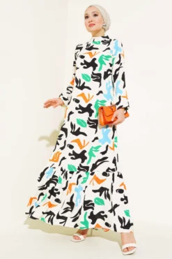 Mixed Pattern Viscose Dress Cream en gros dress - Hicabistan usine Turquie