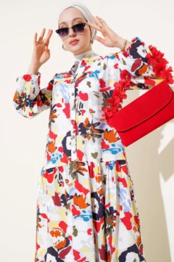 Mixed Pattern Half Buttoned Viscose Dress Grey en gros dress view 2 - Hicabistan usine Turquie