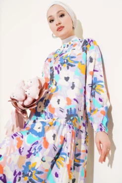 Mixed Pattern Half Buttoned Viscose Dress Lilac wholesale dress view 2 - Hicabistan Turkey factory