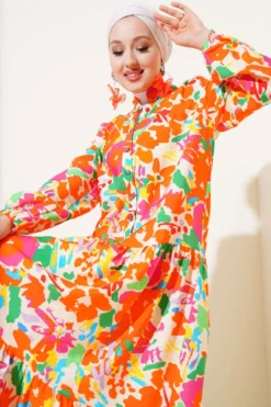 Mixed Pattern Half Buttoned Viscose Dress Orange wholesale dress view 2 - Hicabistan Turkey factory
