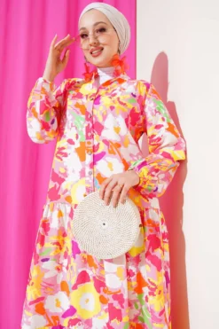 Mixed Pattern Half Buttoned Viscose Dress Powder Pink wholesale dress view 2 - Hicabistan Turkey factory