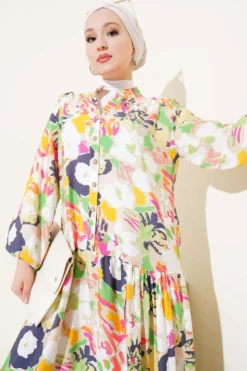 Mixed Pattern Half Buttoned Viscose Dress wholesale dress view 2 - Hicabistan Turkey factory