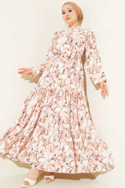 Button-Up Belted Dress with Mixed Print Brown wholesale dress view 2 - Hicabistan Turkey factory