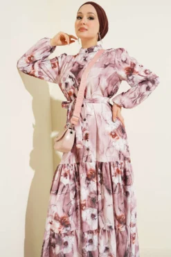 Button-Up Belted Dress with Mixed Print Powder Pink wholesale dress view 2 - Hicabistan Turkey factory