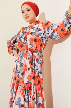 Button-Up Belted Dress with Mixed Print Salmon wholesale dress view 2 - Hicabistan Turkey factory