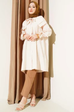 Removable Wide Collar Long Shirt Beige Großhandel shirt view 2 - Hicabistan Türkei Fabrik