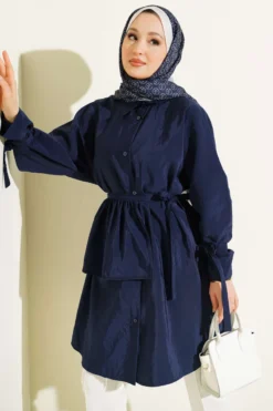 Removable Wide Collar Long Shirt Navy Blue