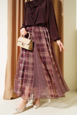 Mixed Check Pattern Chiffon Skirt Brown wholesale skirt - Hicabistan Turkey factory