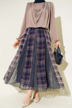 Mixed Check Pattern Chiffon Skirt Navy Blue wholesale skirt - Hicabistan Turkey factory