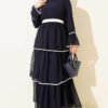 Layered Belted Chiffon Dress Navy Blue