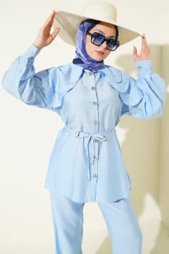 Collared Tie Belted Two-Piece Set Baby Blue
