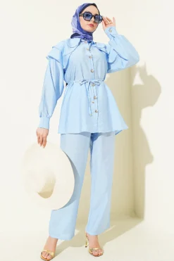 Alternative view of Collared Tie Belted Two-Piece Set Baby Blue