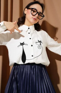 Cat Embroidered Shirt White