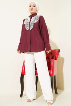 Butterfly Lace Detail Shirt Burgundy groothandel shirt view 2 - Hicabistan Turkije fabriek