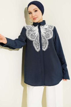 Butterfly Lace Detail Shirt Navy Blue