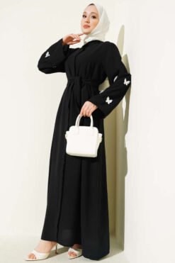 Butterfly Pearl Belted Abaya Black