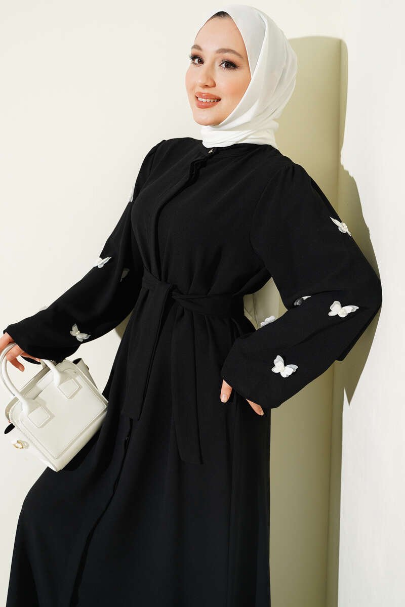 Butterfly Pearl Belted Abaya Black en gros abaya view 2 - Hicabistan usine Turquie