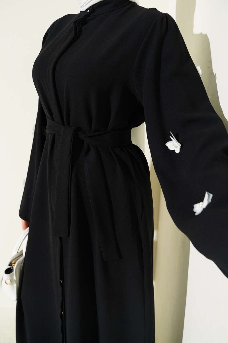 Butterfly Pearl Belted Abaya Black en gros abaya view 4 - Hicabistan usine Turquie