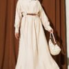 Belted Pleated Flared Dress Beige al por mayor dress - Hicabistan fábrica Turquía