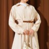 Belted Pleated Flared Dress Beige wholesale dress view 2 - Hicabistan Turkey factory