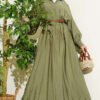 Belted Pleated Flared Dress Khaki al por mayor dress - Hicabistan fábrica Turquía