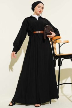 Belted Pleated Flared Dress Black al por mayor dress - Hicabistan fábrica Turquía