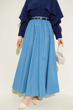 Belted Elastic Waist Flared Skirt Blue