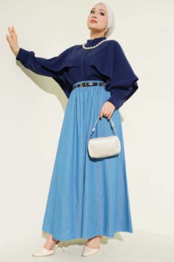 Vue alternative de Belted Elastic Waist Flared Skirt Blue