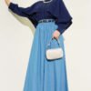 Belted Elastic Waist Flared Skirt Blue wholesale skirt view 2 - Hicabistan Turkey factory