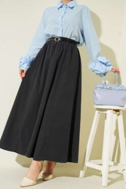 Belted Elastic Waist Flared Skirt Anthracite en gros skirt - Hicabistan usine Turquie