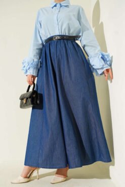 Belted Elastic Waist Flared Skirt Navy Blue