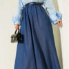 Belted Elastic Waist Flared Skirt Navy Blue بالجملة skirt - Hicabistan مصنع تركيا