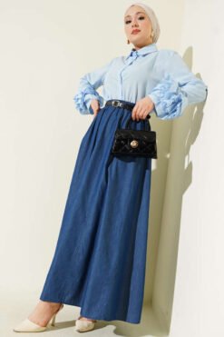 Vue alternative de Belted Elastic Waist Flared Skirt Navy Blue
