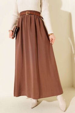 Belted Elastic Waist Tencel Skirt Brown