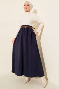 Vista alternativa di Belted Elastic Waist Tencel Skirt Navy Blue
