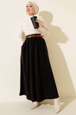 Vista alternativa di Belted Elastic Waist Tencel Skirt Black
