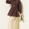 Belted Waist Pleated Parachute Shirt Brown