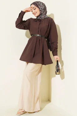 Belted Waist Pleated Parachute Shirt Brown