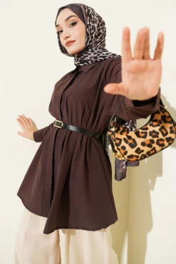 Alternative view of Belted Waist Pleated Parachute Shirt Brown