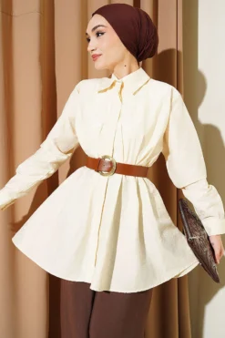 Alternative view of Belted Waist Pleated Parachute Shirt Cream