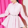 Belted Waist Pleated Parachute Shirt Pink