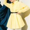 Belted Waist Pleated Parachute Shirt Yellow