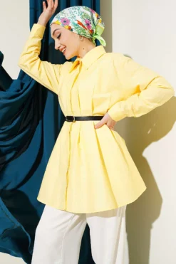 Belted Waist Pleated Parachute Shirt Yellow