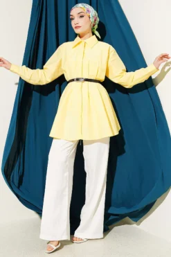 Alternative view of Belted Waist Pleated Parachute Shirt Yellow